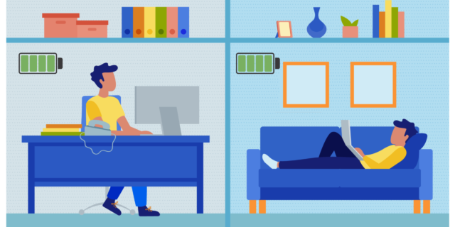 Drawing of a person working and reading on a couch