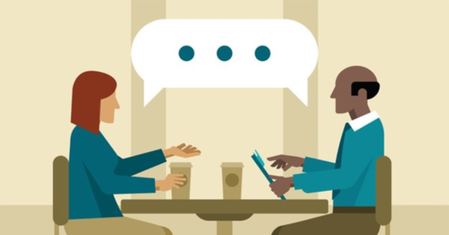 Illustrated graphic of two people talking